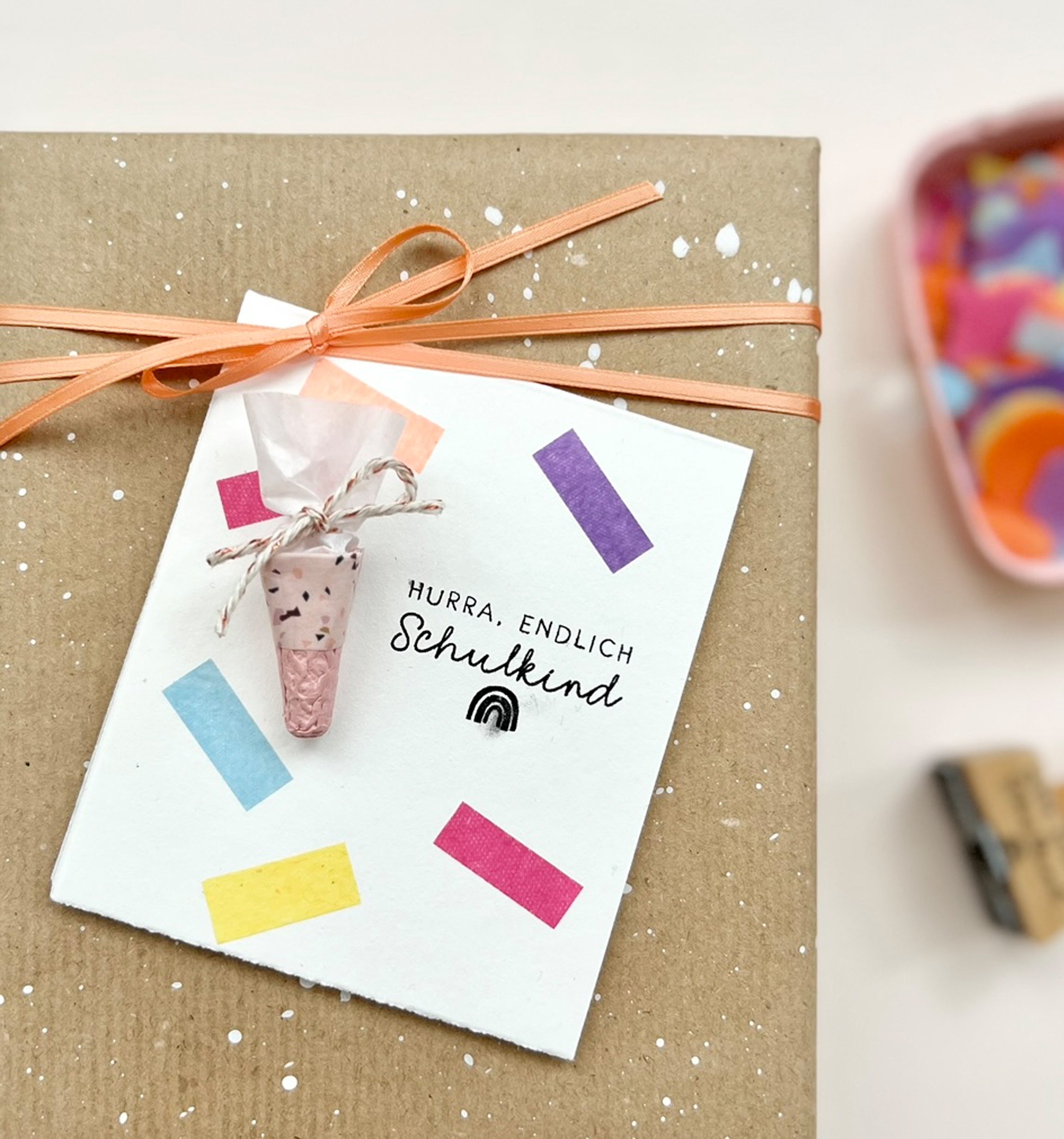 Stempel Hurra endlich SCHULKIND Regenbogen, Schultüte, Stempel Schulanfang