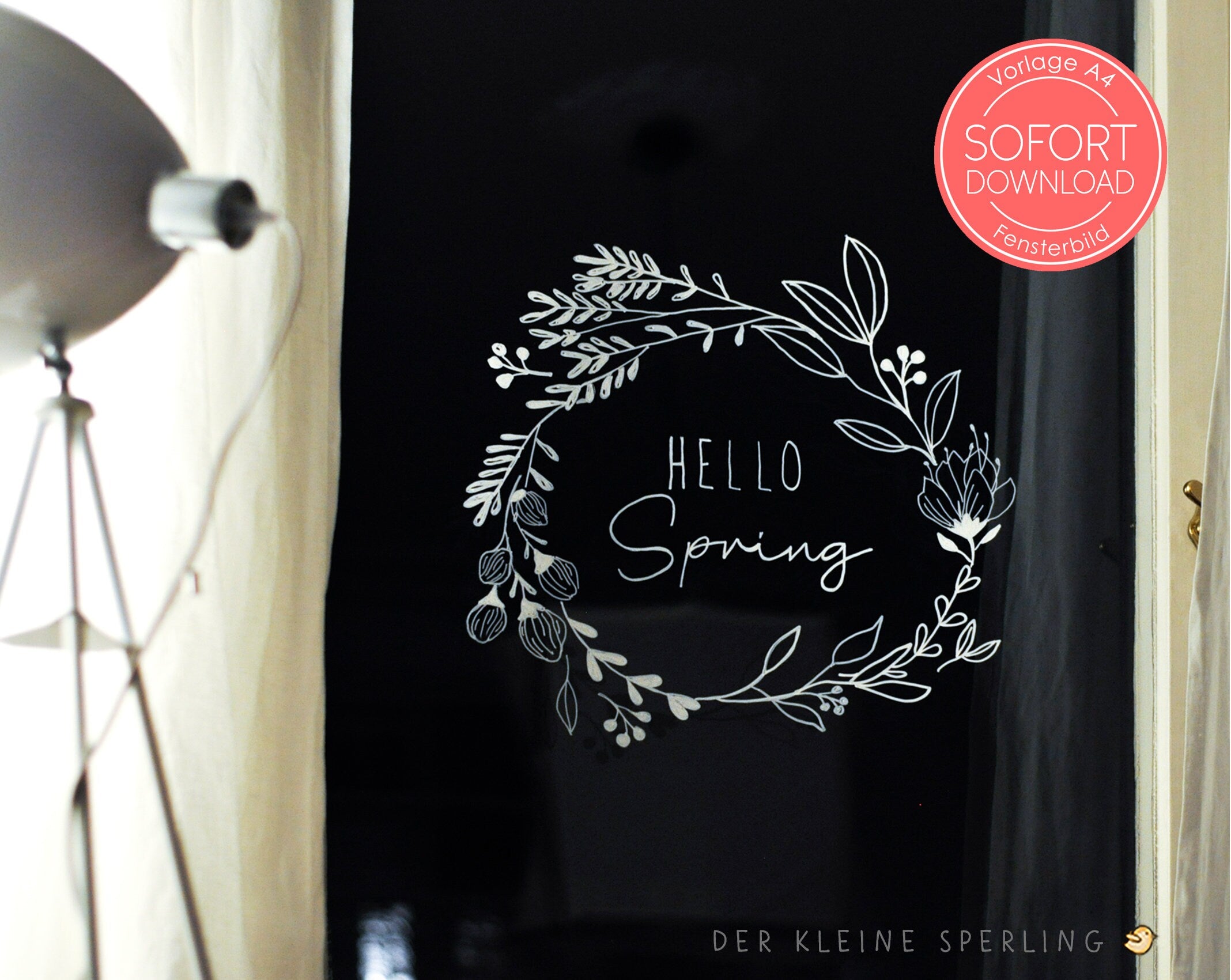Vorlage Fensterbild HELLO SPRING, Osterdeko Fenster, Kreide, Kreidemarker, Basteln Ostern, Blätterranke, Hochzeit