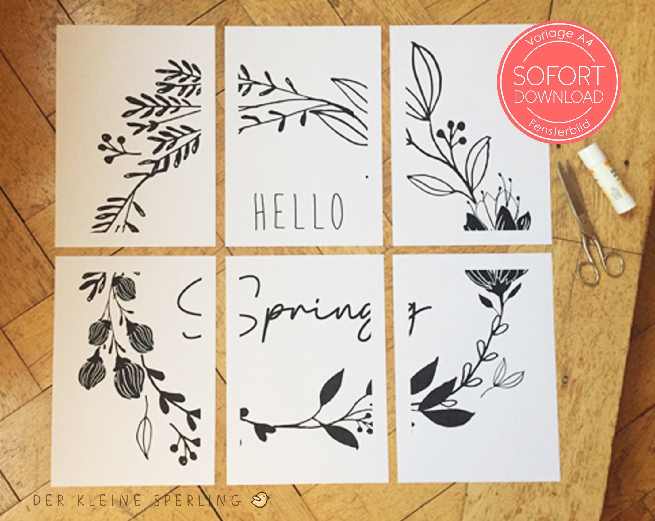 Vorlage Fensterbild HELLO SPRING, Osterdeko Fenster, Kreide, Kreidemarker, Basteln Ostern, Blätterranke, Hochzeit
