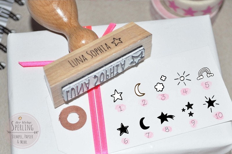 Stempel Wunschname, Schulstempel, Sonne, Mond und Sterne, Kinderstempel, Namensstempel, Stempel Schule