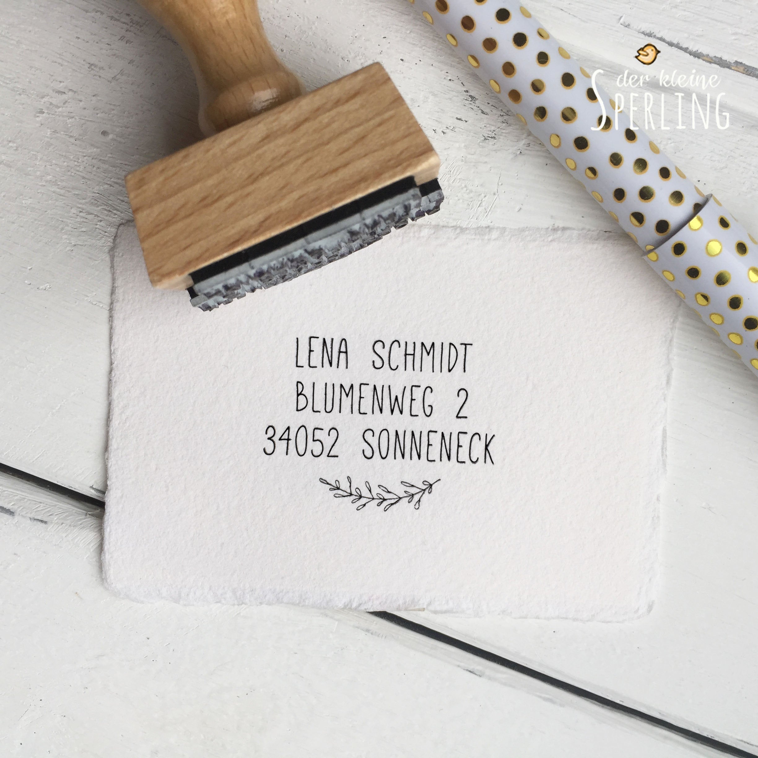 Stempel ADRESSE, Adressstempel, Blätterzweig, Typostempel, zarte Blätter, Stempel Namen, Blätter, Adress-Stempel