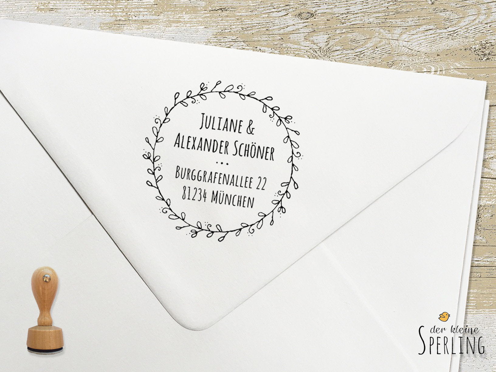 STEMPEL Adressstempel, Blätterkranz, Stempel Adresse, Save the Date, Stempel Namen