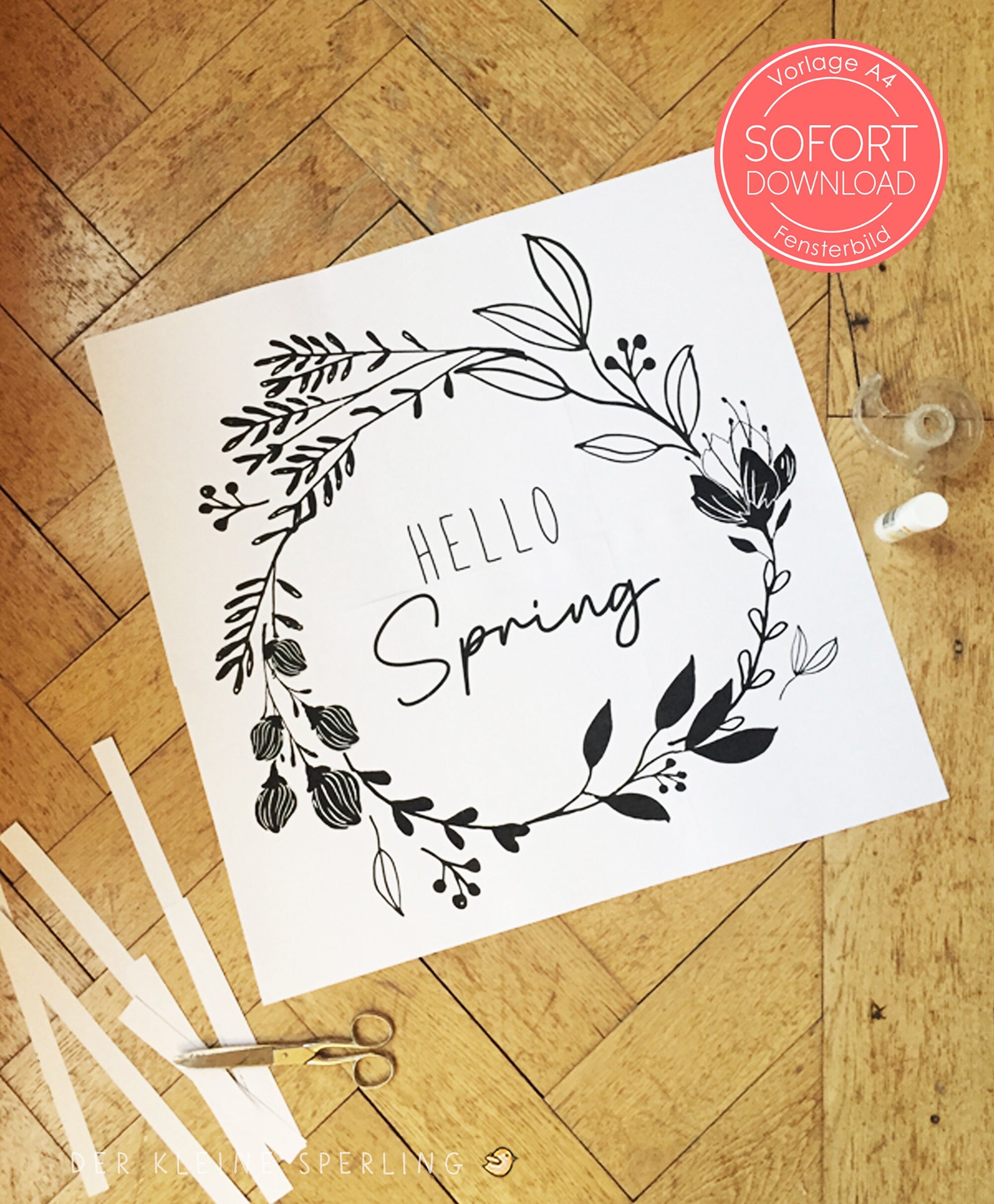 Vorlage Fensterbild HELLO SPRING, Osterdeko Fenster, Kreide, Kreidemarker, Basteln Ostern, Blätterranke, Hochzeit
