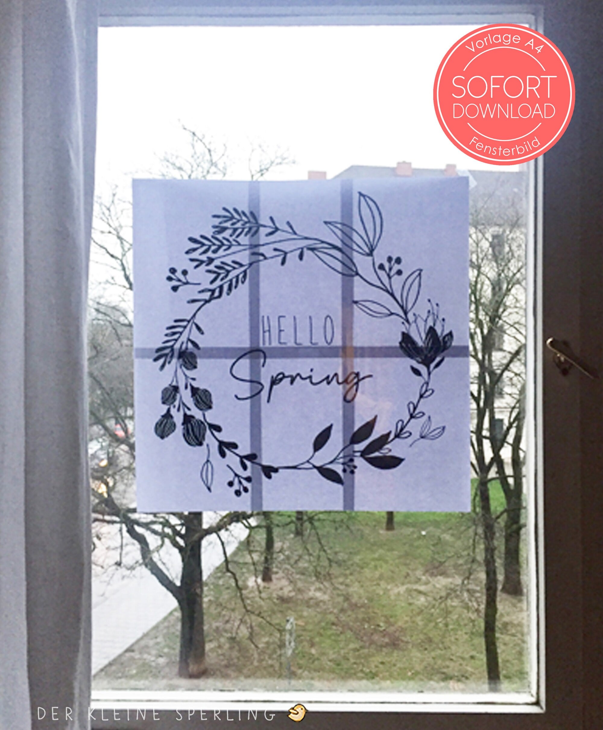 Vorlage Fensterbild HELLO SPRING, Osterdeko Fenster, Kreide, Kreidemarker, Basteln Ostern, Blätterranke, Hochzeit
