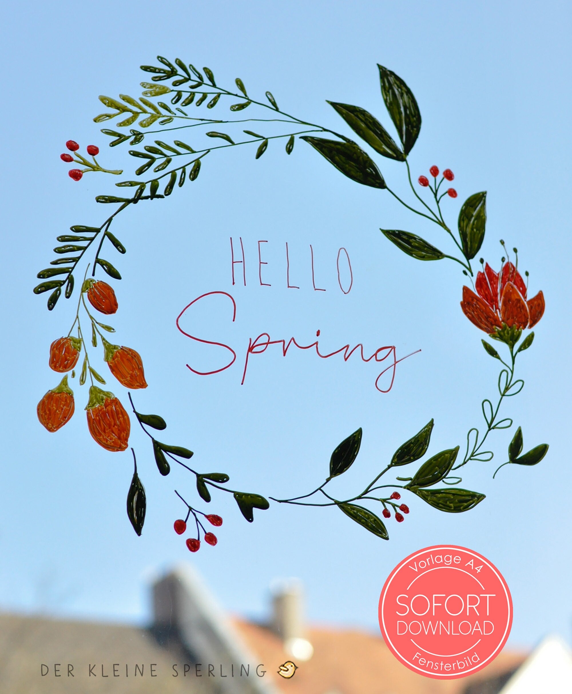 Vorlage Fensterbild HELLO SPRING, Osterdeko Fenster, Kreide, Kreidemarker, Basteln Ostern, Blätterranke, Hochzeit