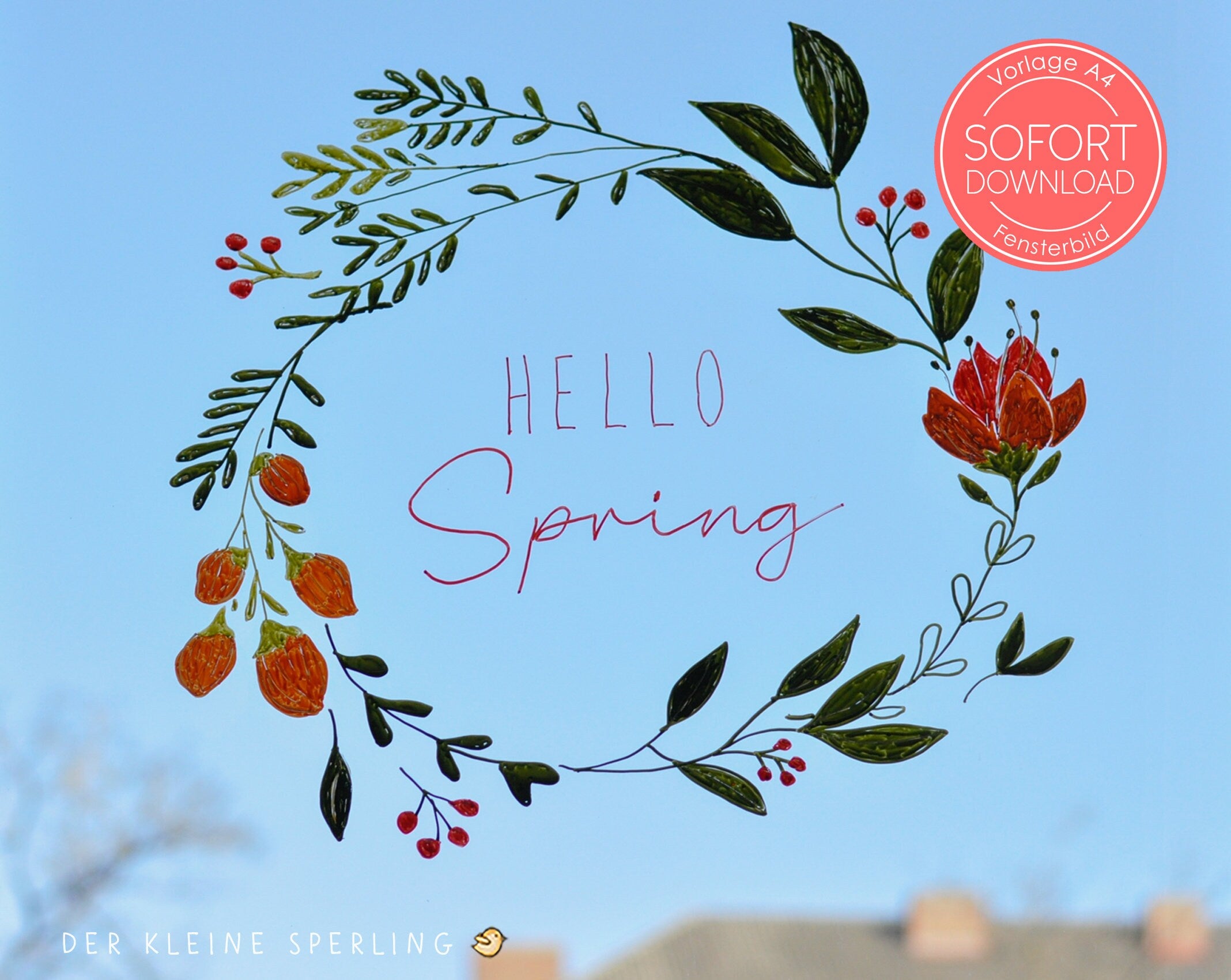Vorlage Fensterbild HELLO SPRING, Osterdeko Fenster, Kreide, Kreidemarker, Basteln Ostern, Blätterranke, Hochzeit
