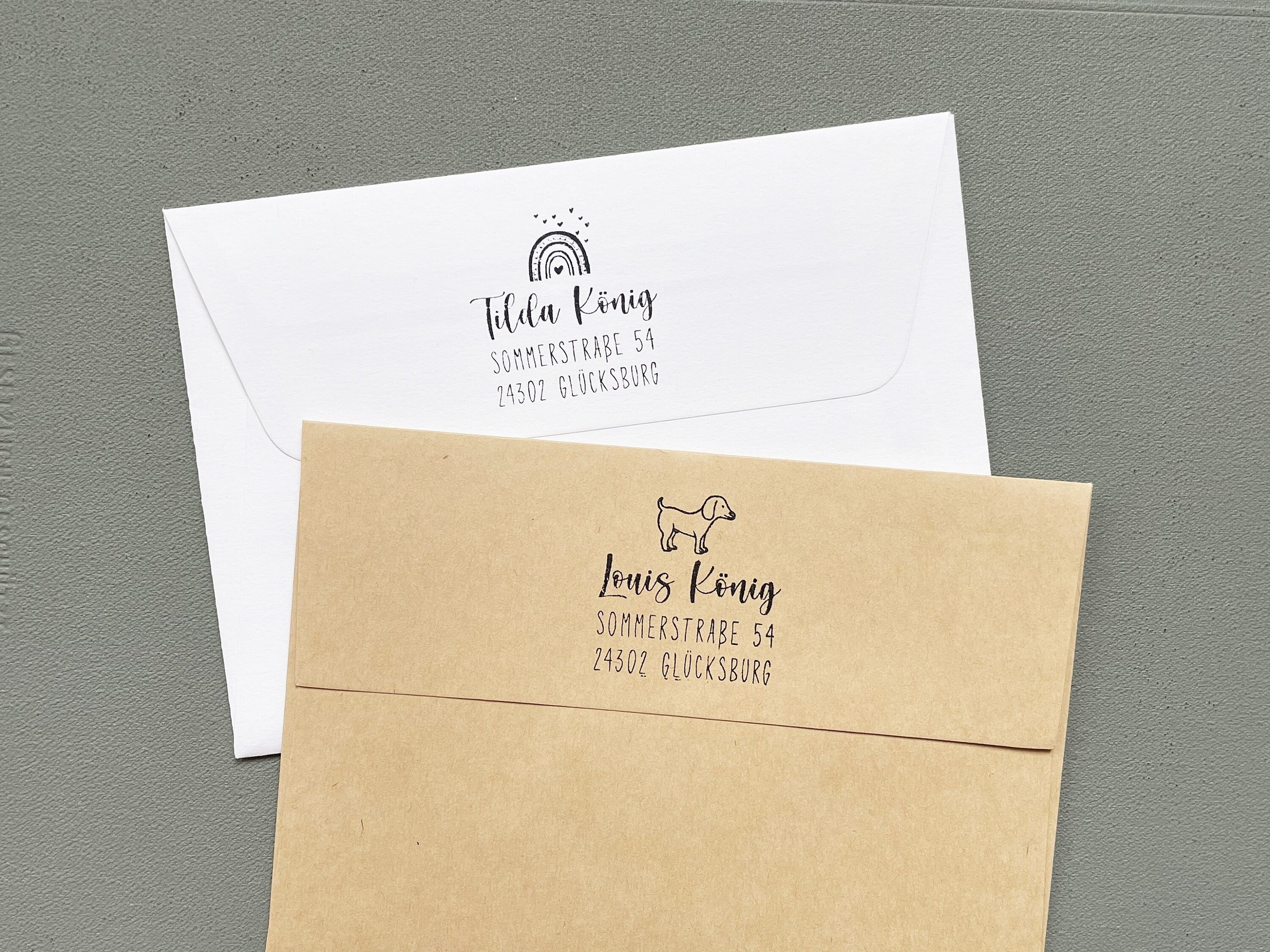 Stempel Adressstempel Kinder, Stempel Regenbogen, Stempel Hund, Schulstempel, Schulanfang