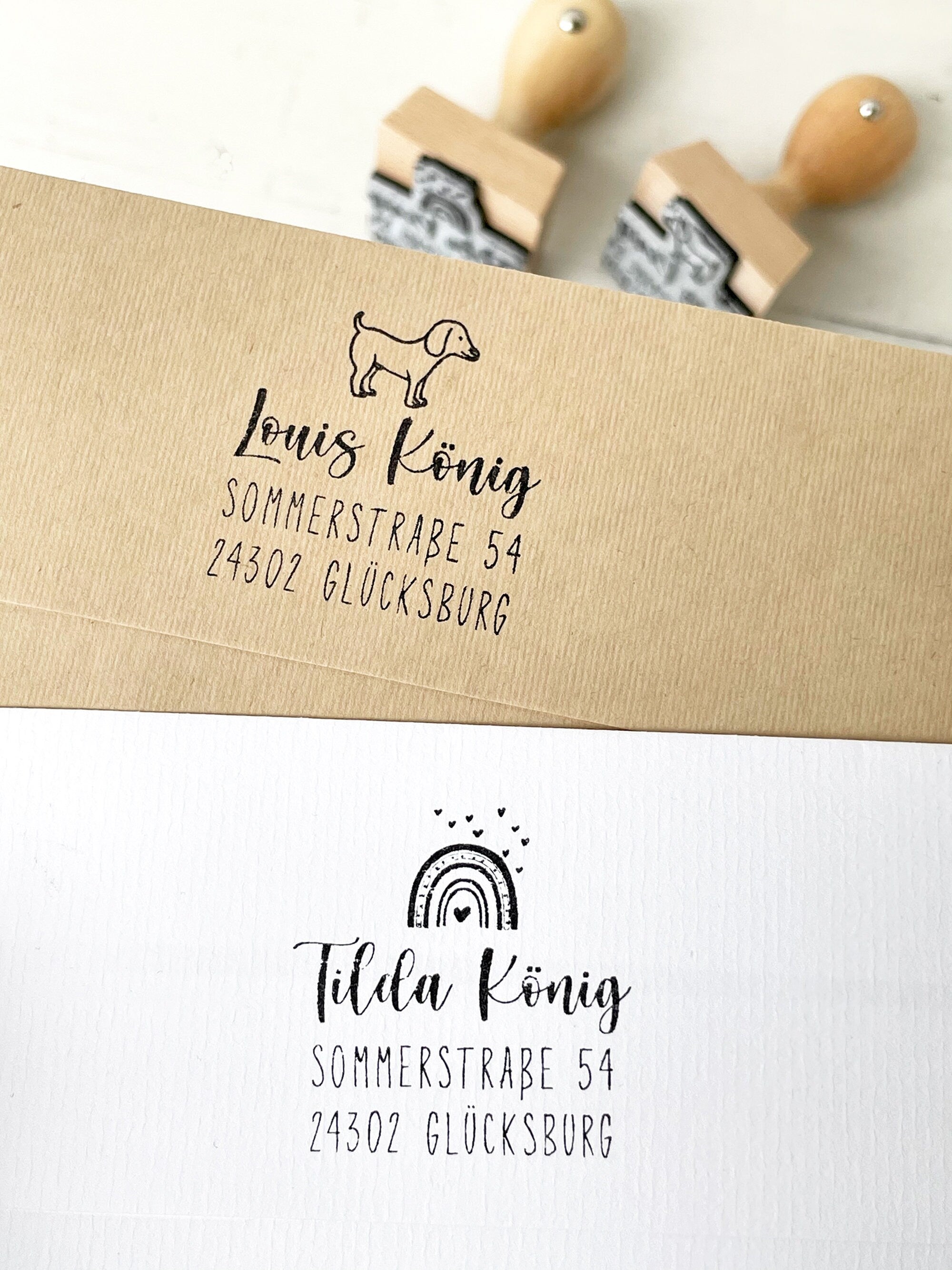 Stempel Adressstempel Kinder, Stempel Regenbogen, Stempel Hund, Schulstempel, Schulanfang