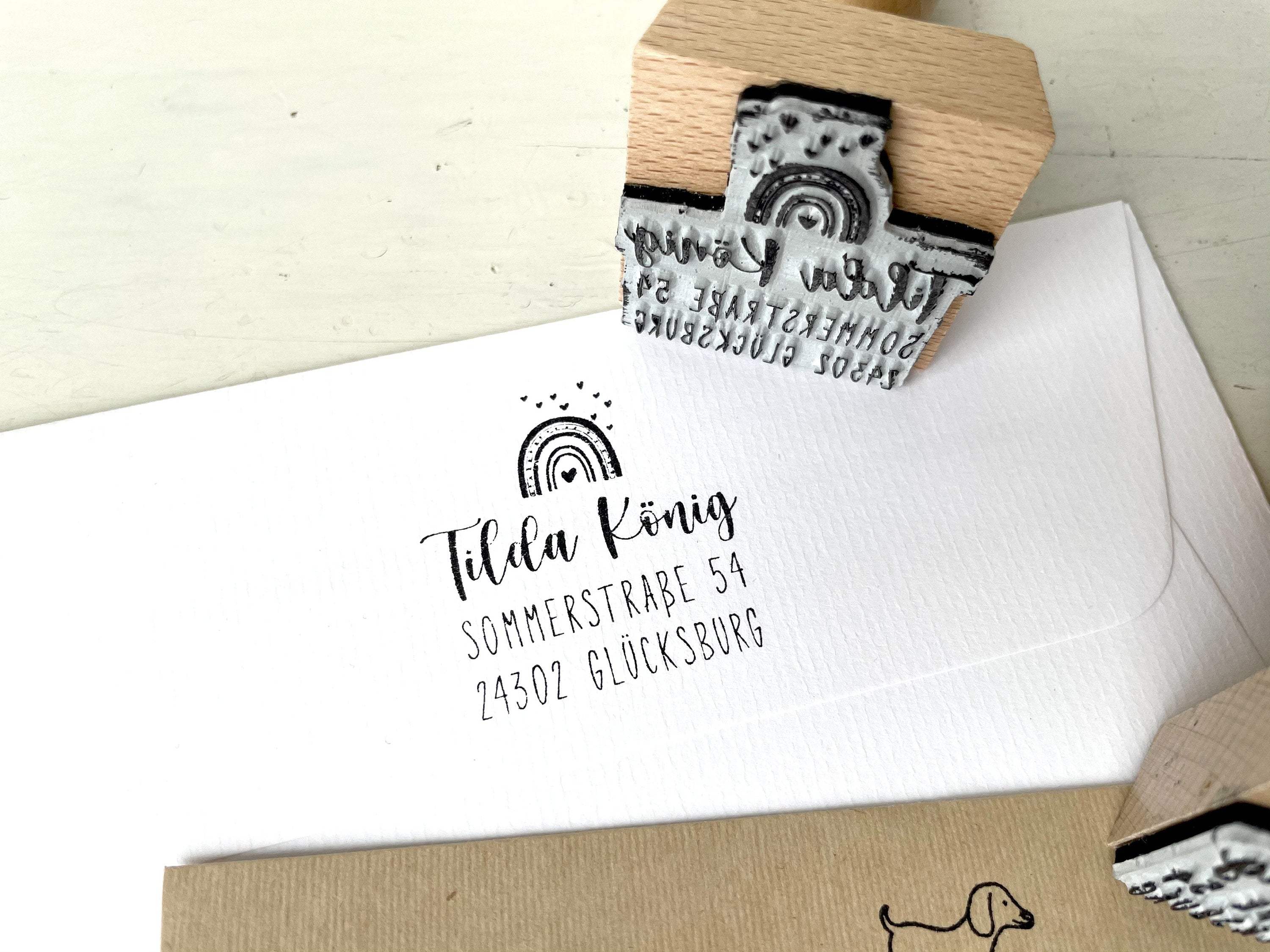 Stempel Adressstempel Kinder, Stempel Regenbogen, Stempel Hund, Schulstempel, Schulanfang