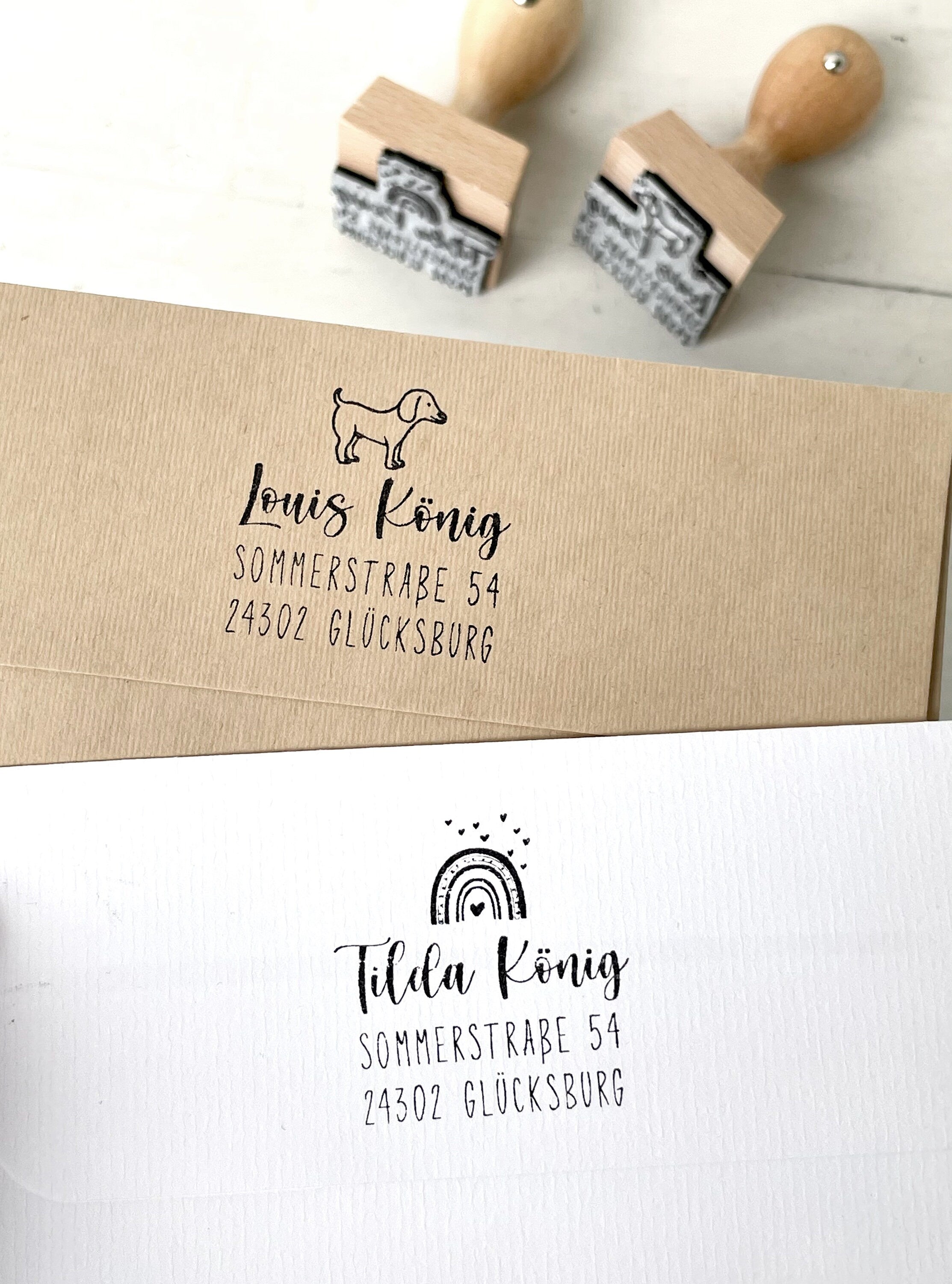 Stempel Adressstempel Kinder, Stempel Regenbogen, Stempel Hund, Schulstempel, Schulanfang