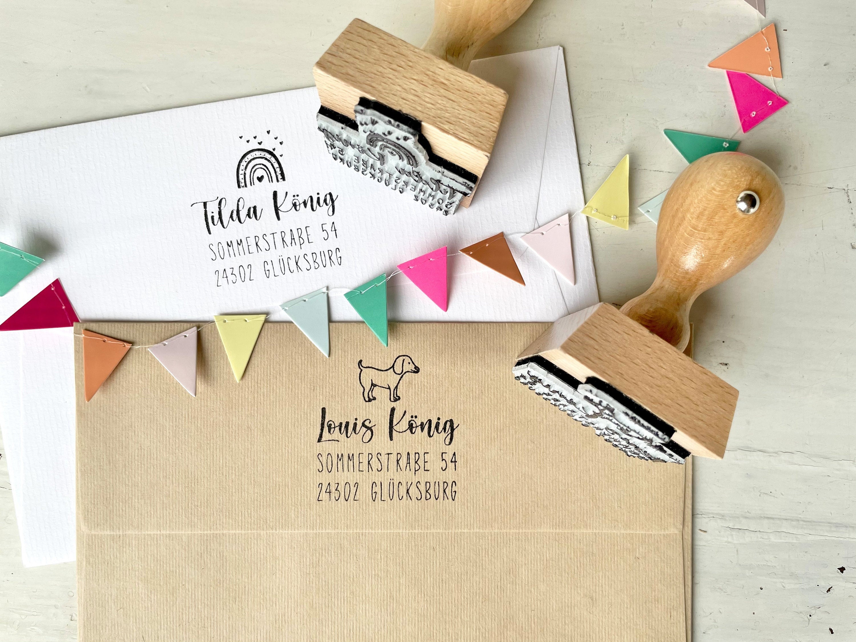 Stempel Adressstempel Kinder, Stempel Regenbogen, Stempel Hund, Schulstempel, Schulanfang