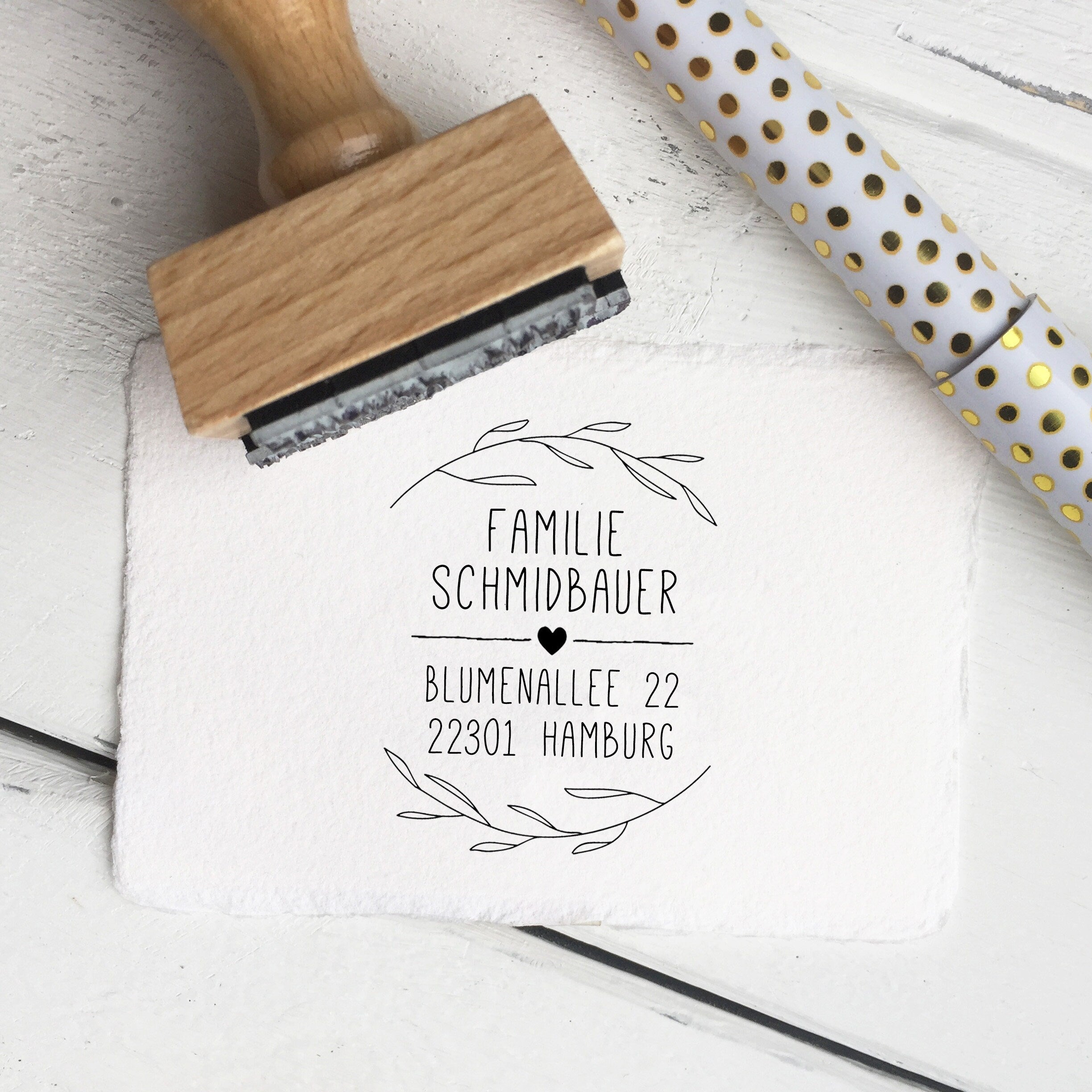 Stempel Adresse personalisiert, Floral, Herz, Adressstempel