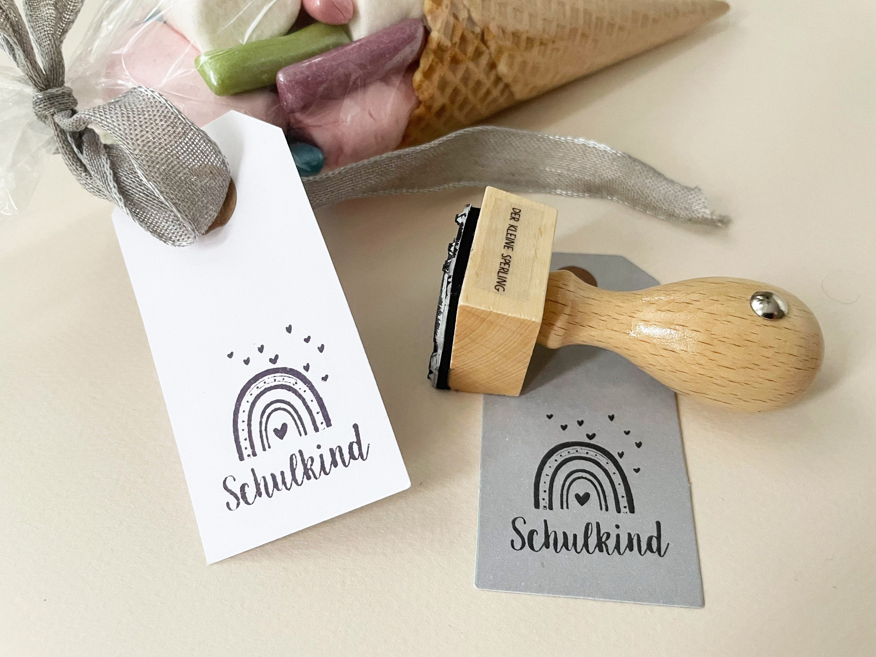 Stempel SCHULKIND Regenbogen, Schultüte, Stempel Schulanfang