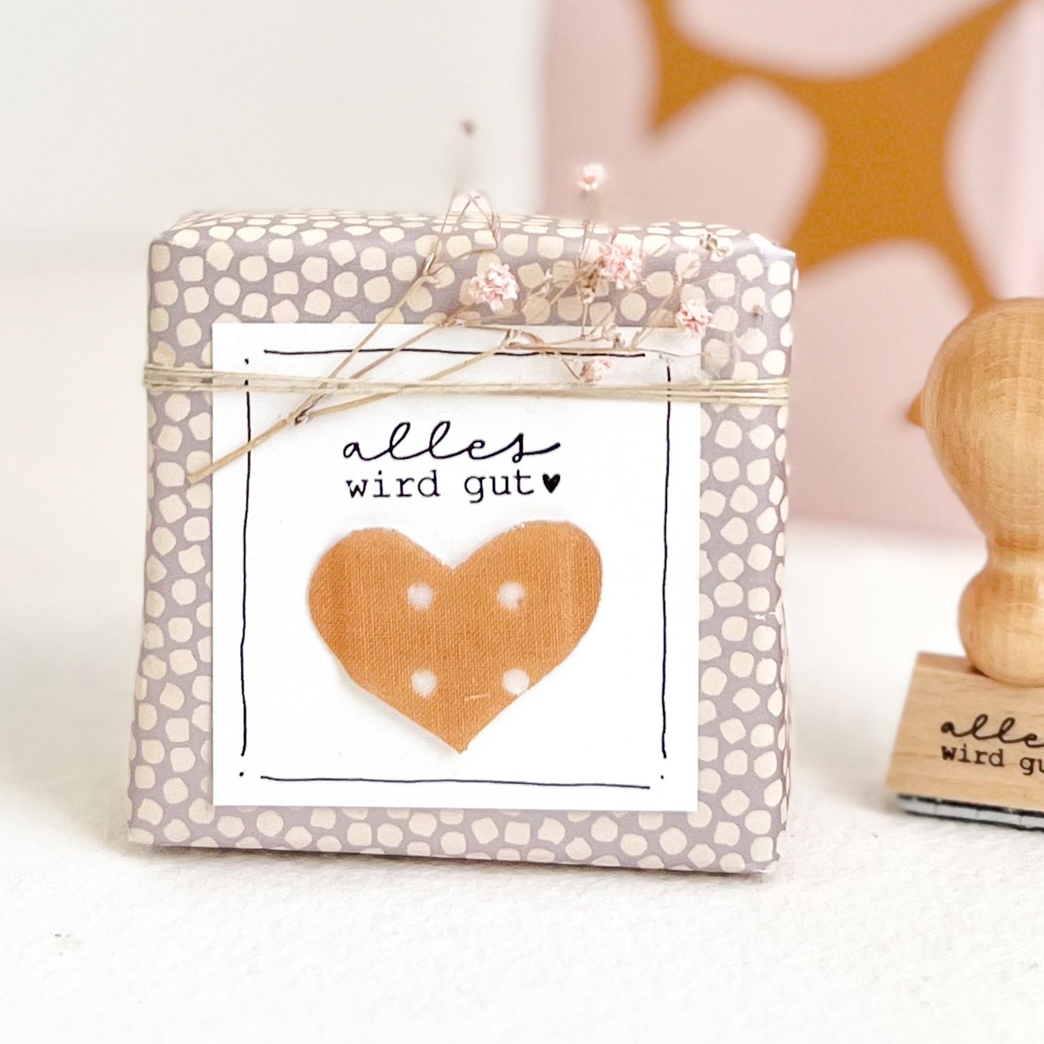 Stempel "alles wird gut" mit Herz, Holzstempel Gute Besserung