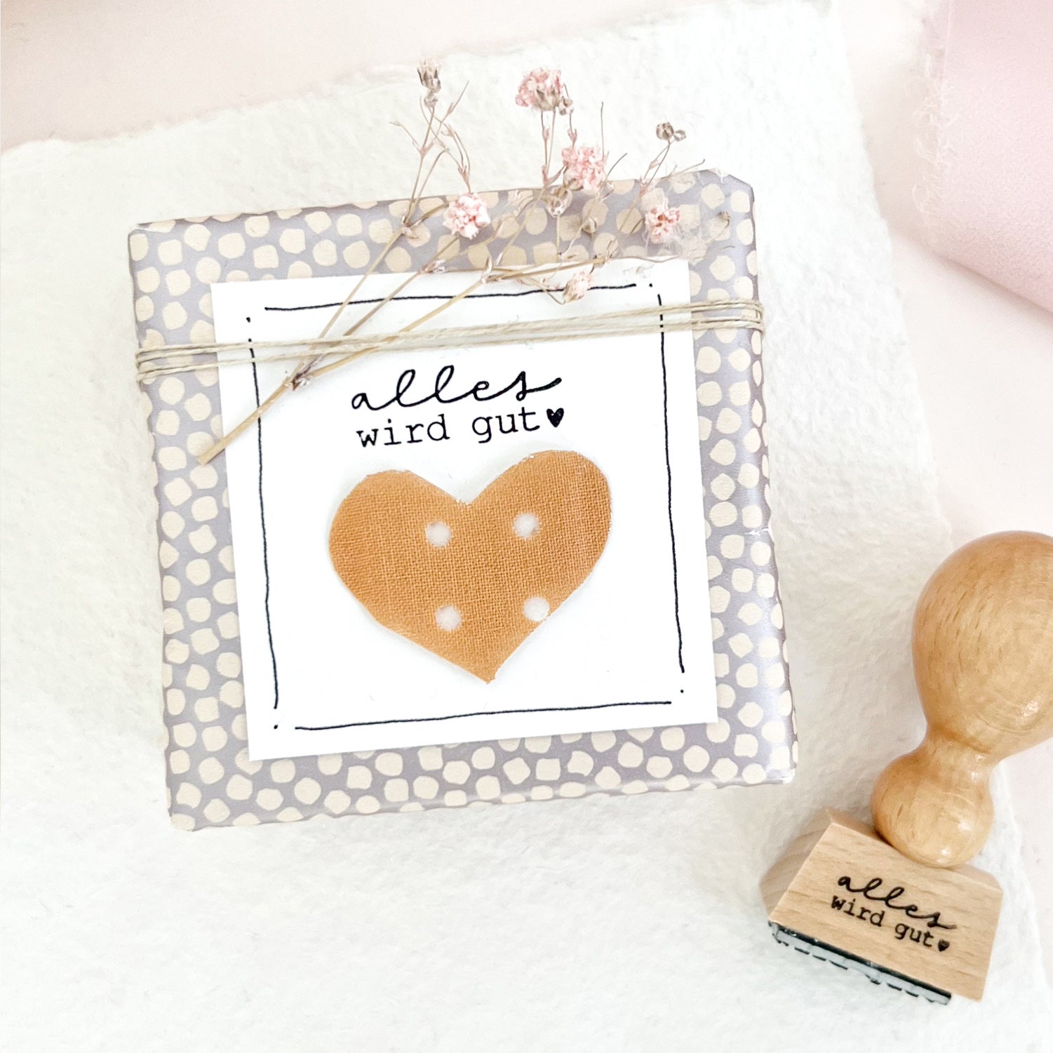 Stempel "alles wird gut" mit Herz, Holzstempel Gute Besserung